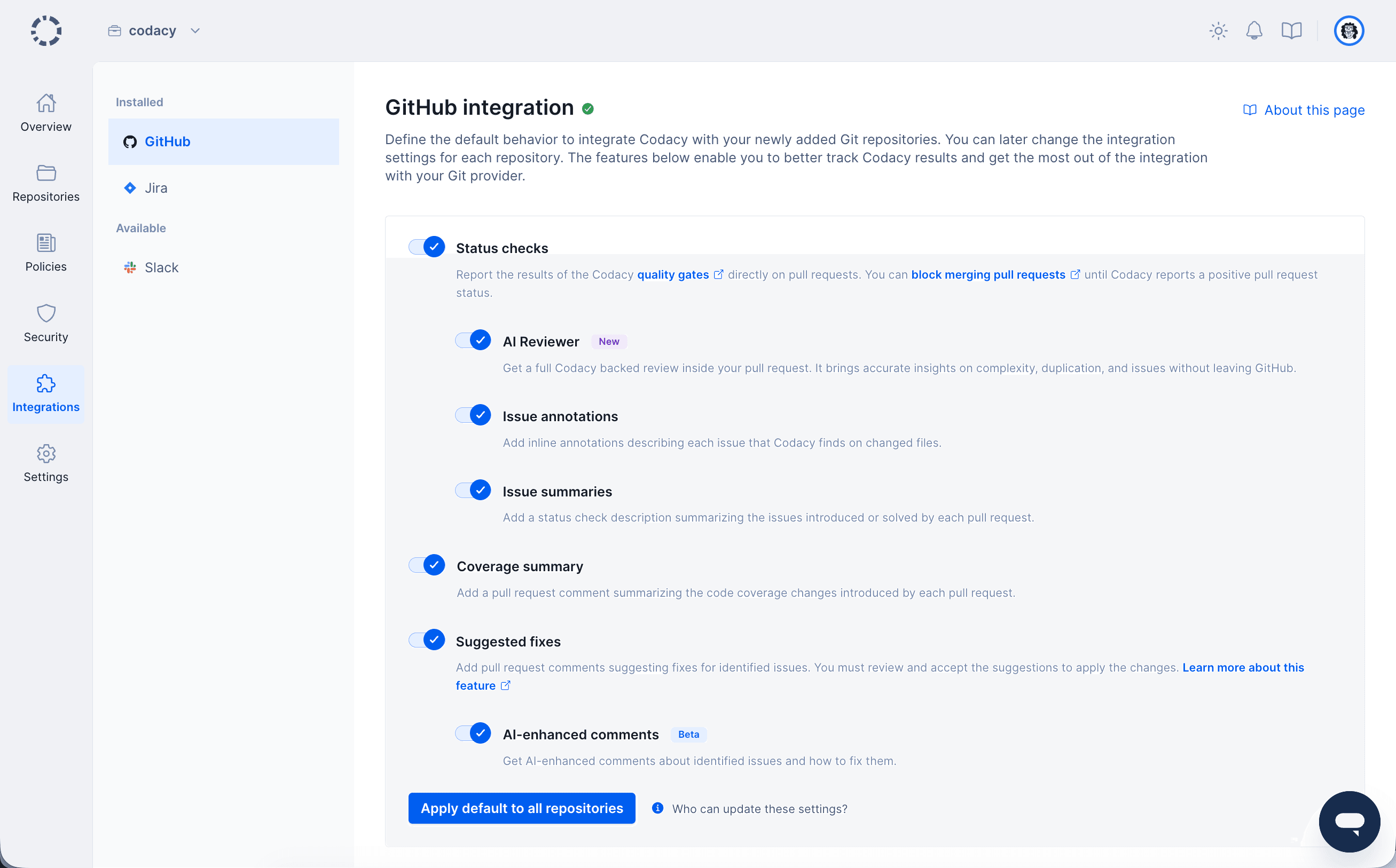Default Git provider integration settings