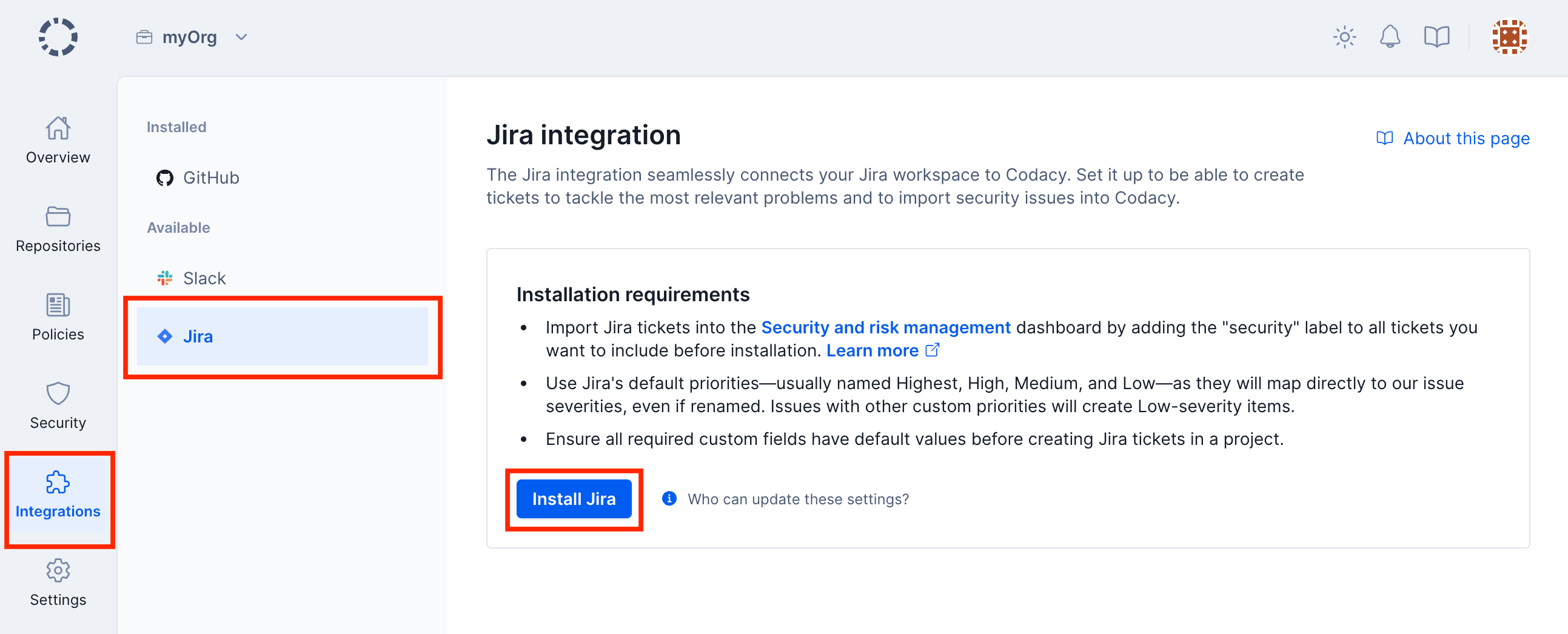 Security and risk management Jira integration installation