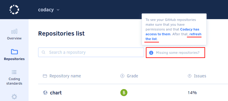 Refreshing the list of repositories on Codacy