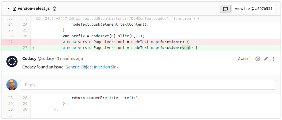 Codacy comment on a GitLab merge request