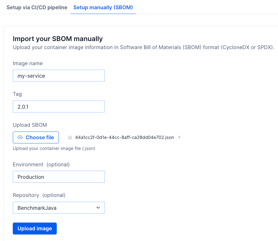 Security and risk management manually import container SBOM